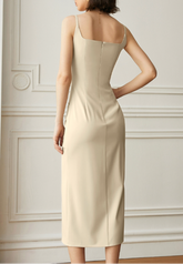 Sleeveless Draped Midi Dress with Asymmetrical Detail - Sutru